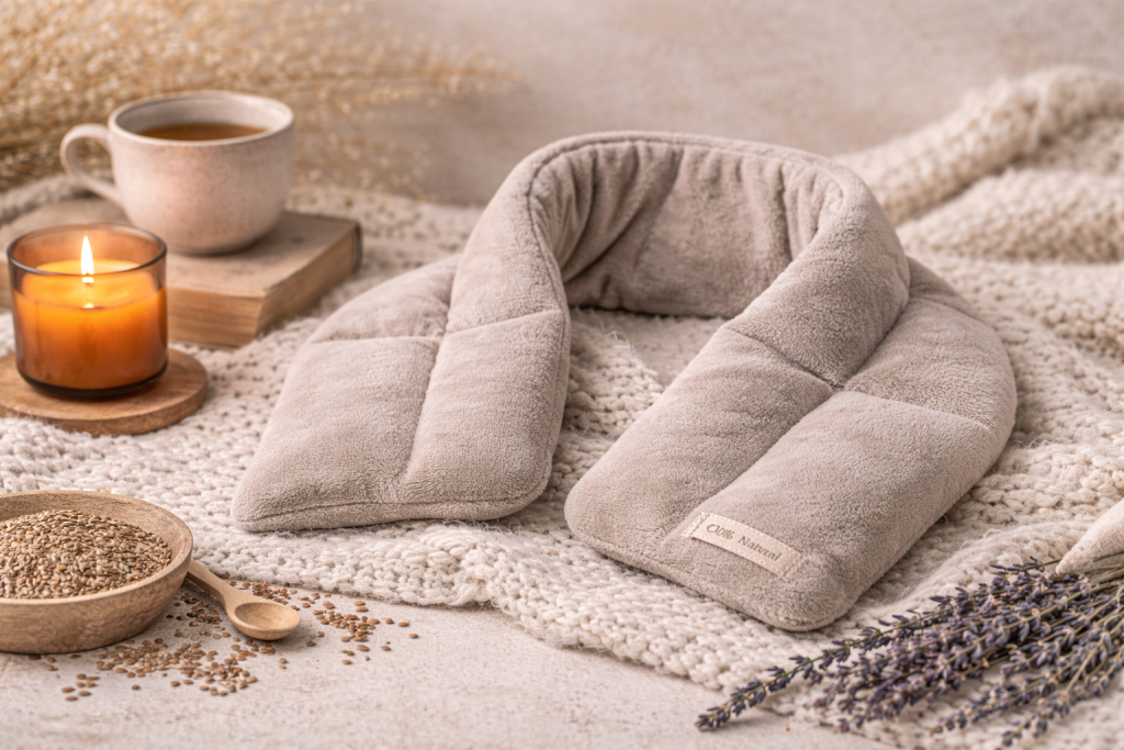Microwavable heat pack on a cosy blanket with an amber candle and a warm drink
