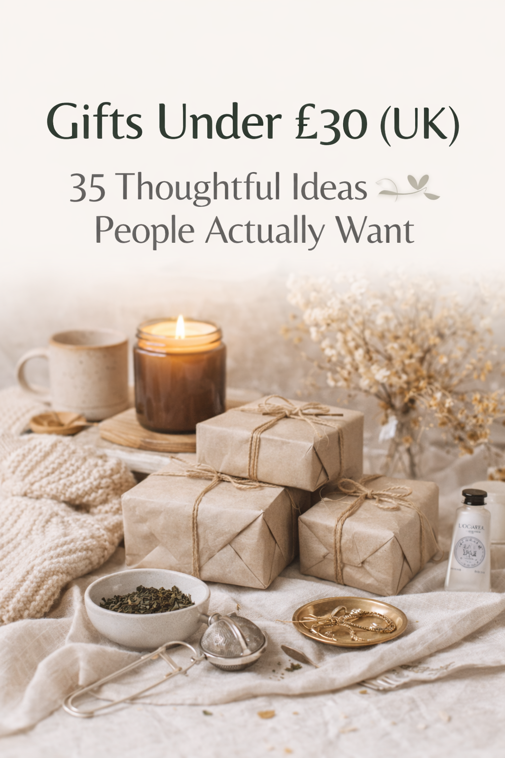 Thoughtful gifts under £30 arranged on a soft neutral background