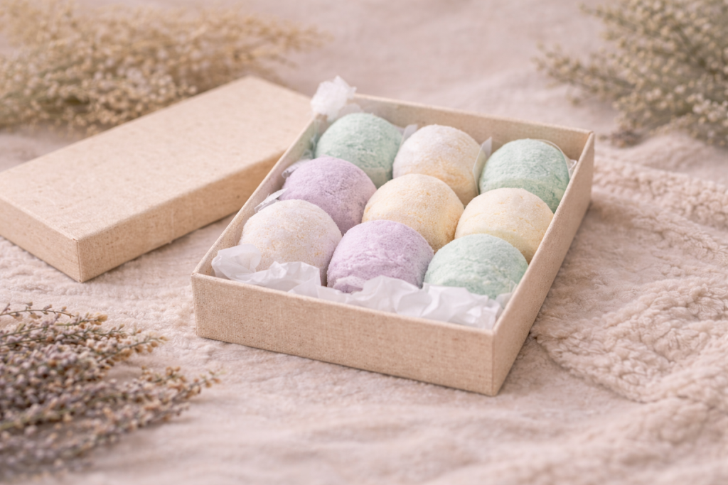 Shower steamers gift set in a neutral box on soft fabric in pastel colours