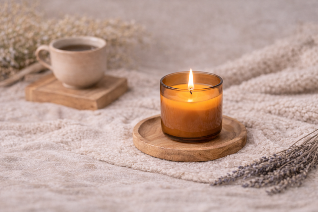 Amber glass candle lit on a wooden coaster with a mug in the background