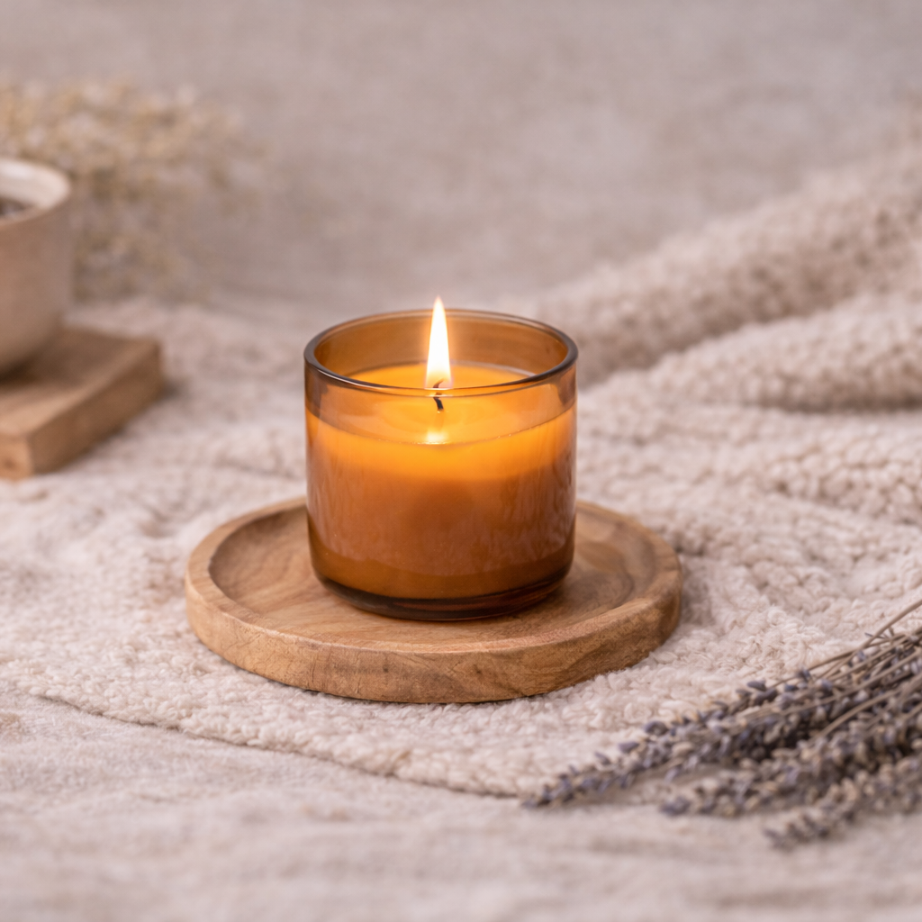 Amber glass candle lit on a wooden coaster with a mug in the background