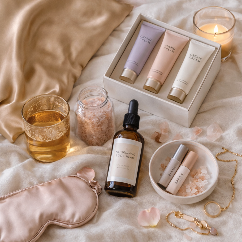 Little luxury gift ideas including hand cream, body oil, bath salts, candle and satin sleep mask on soft neutral fabric