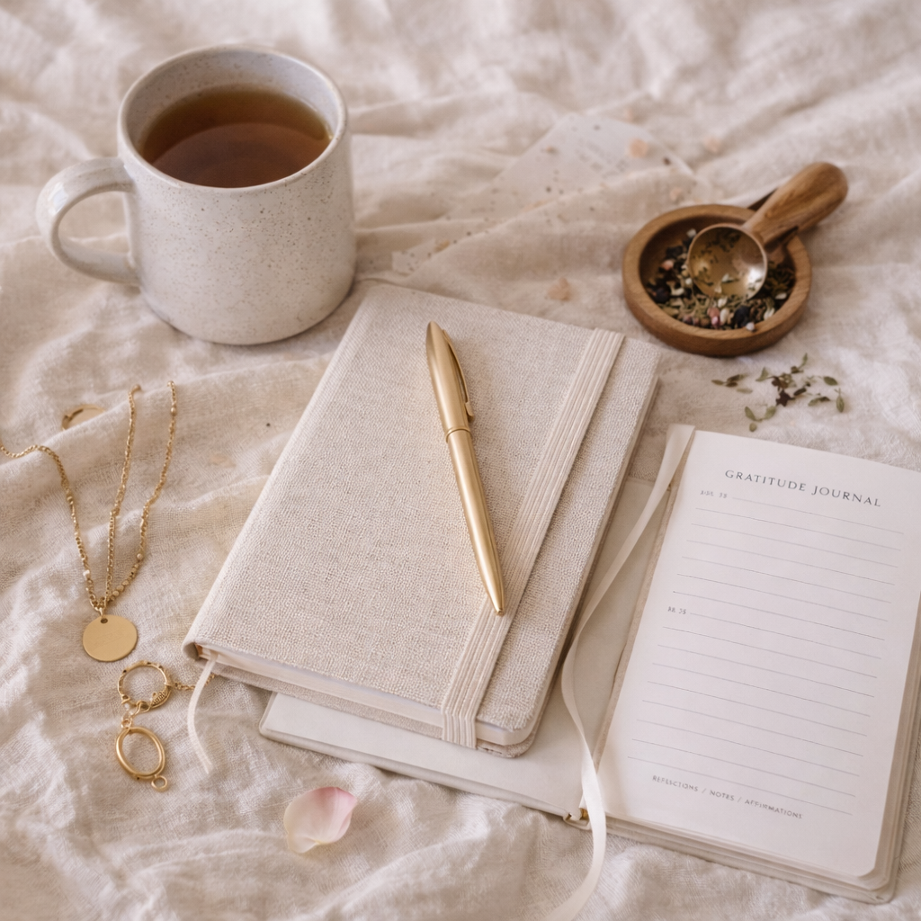 Slow morning gift ideas with a mug of tea, journal, gold pen and tea leaves on soft neutral linen