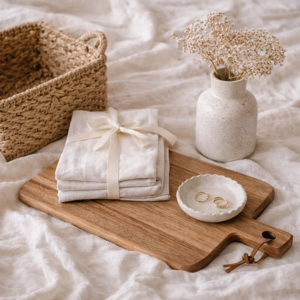 For the home gift ideas including a woven basket, ceramic vase, linen tea towels, wooden board and trinket dish