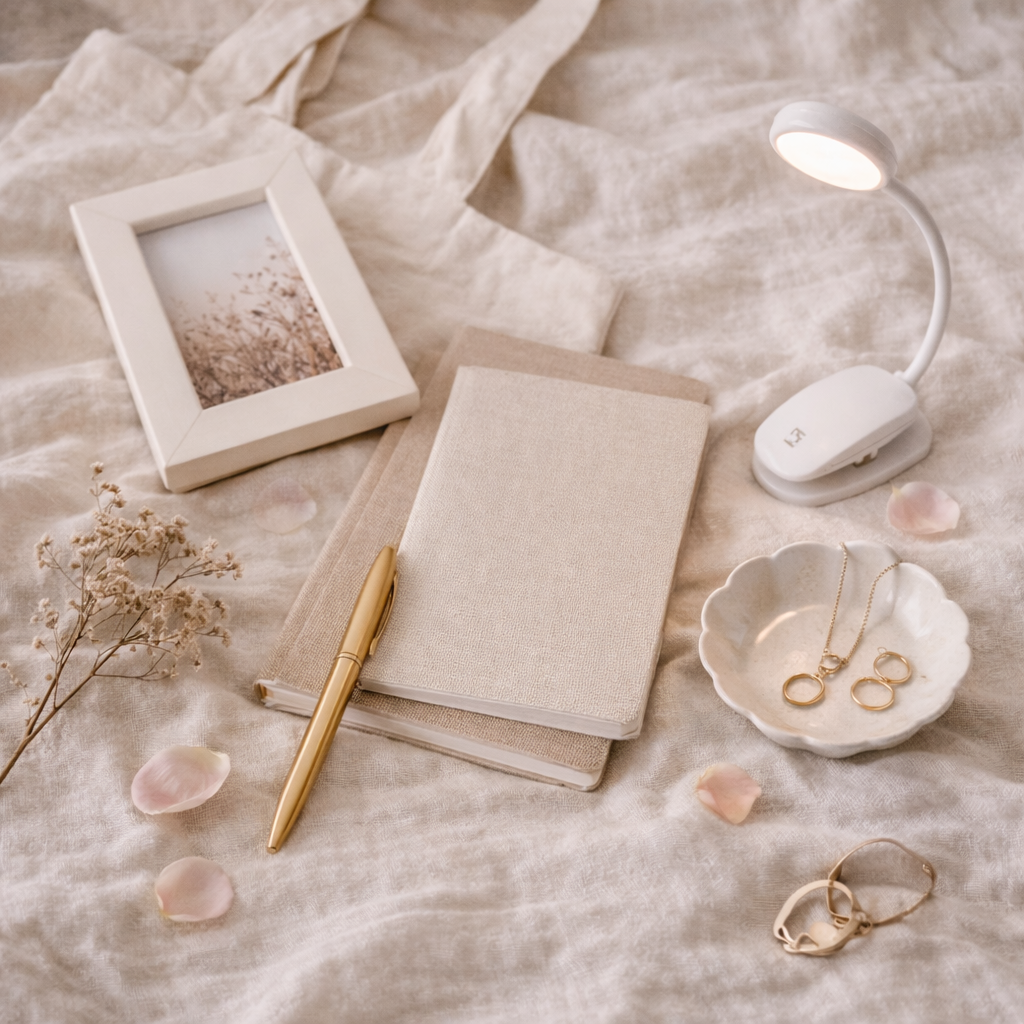 Thoughtful little extra gift ideas including notebooks, a gold pen, jewellery dish, photo frame and reading light