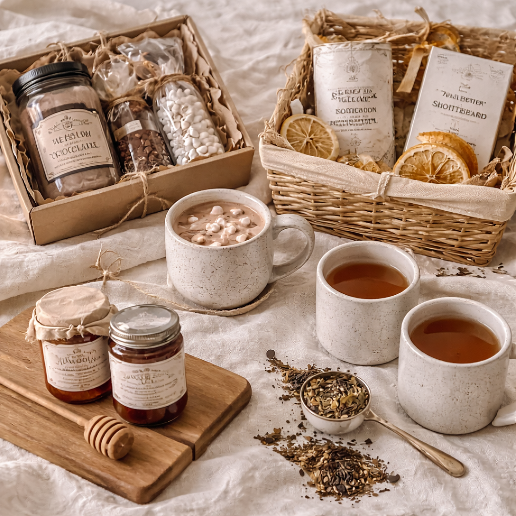Food and drink gift ideas including hot chocolate set, tea, biscuits, honey and jam arranged on a neutral table