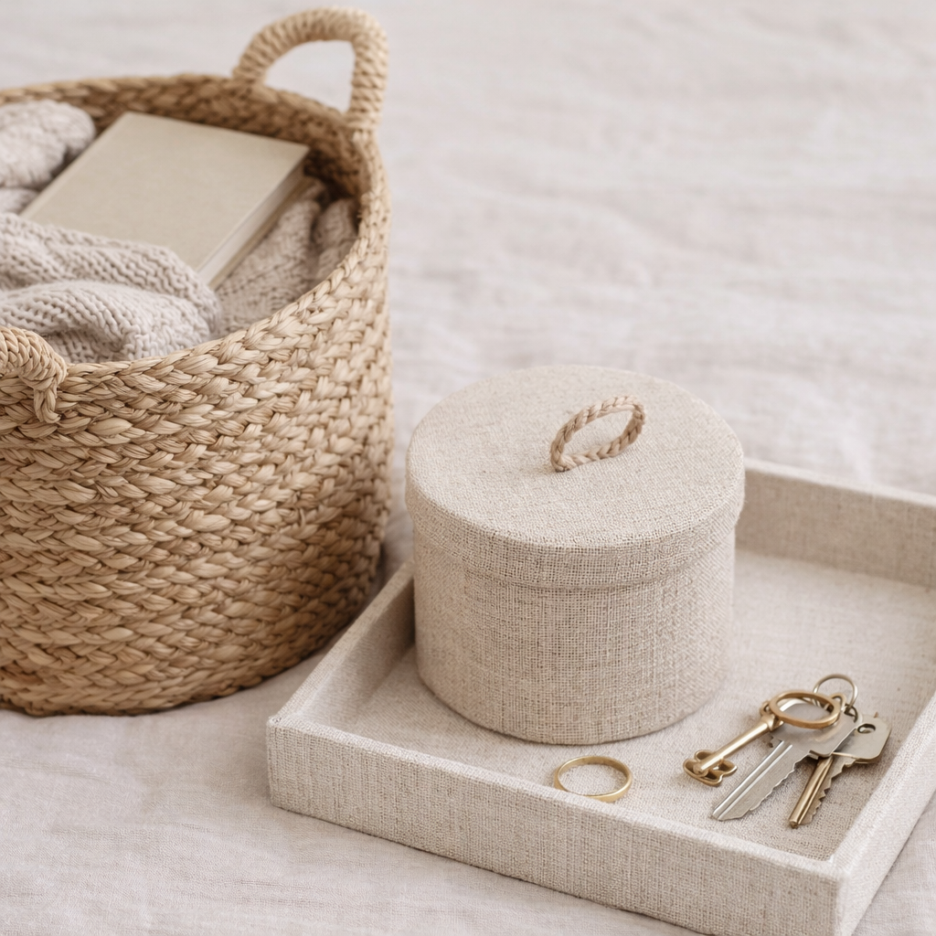Beautiful storage ideas with a woven basket, lidded box and neutral tray for keys in a calm home setting