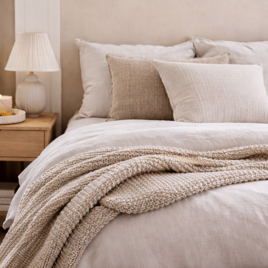 Soft neutral bedroom with layered bedding, textured throw, woven basket and linen curtains