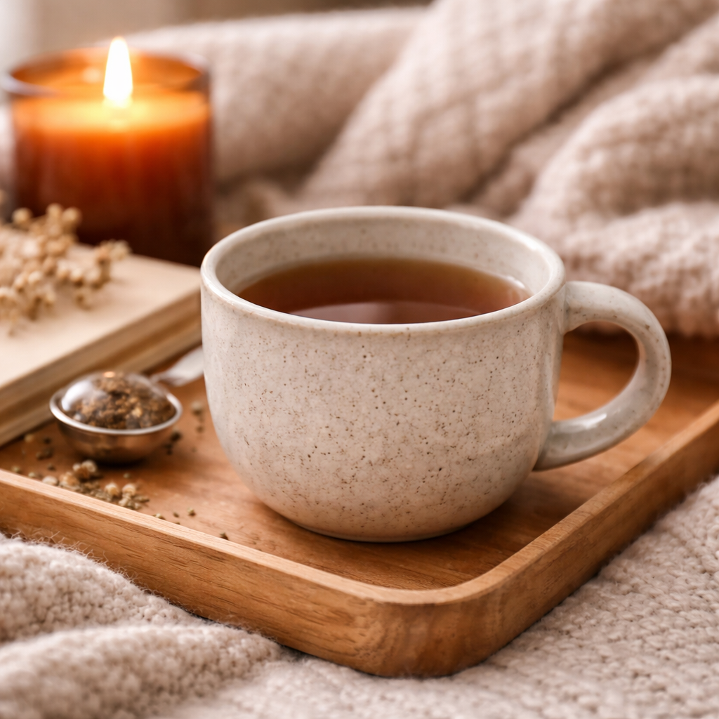 Beautiful ceramic mug with tea on a tray creating a calm cosy morning setting