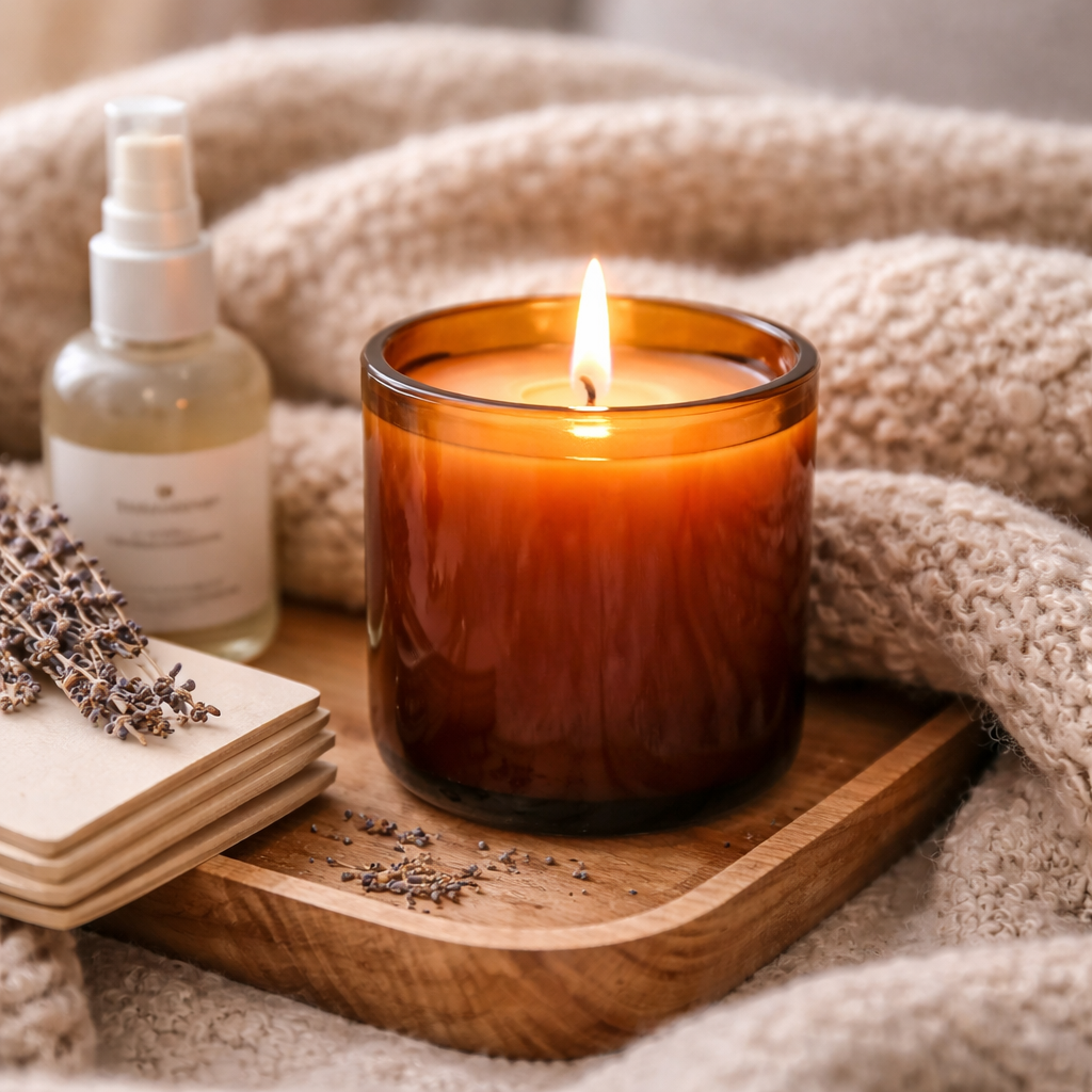Calming candle in amber glass jar creating a warm cosy and relaxing atmosphere