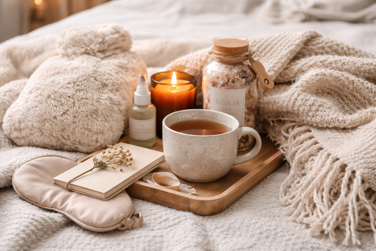 Comfort gifts for women UK including cosy blanket, candle, tea and self care items