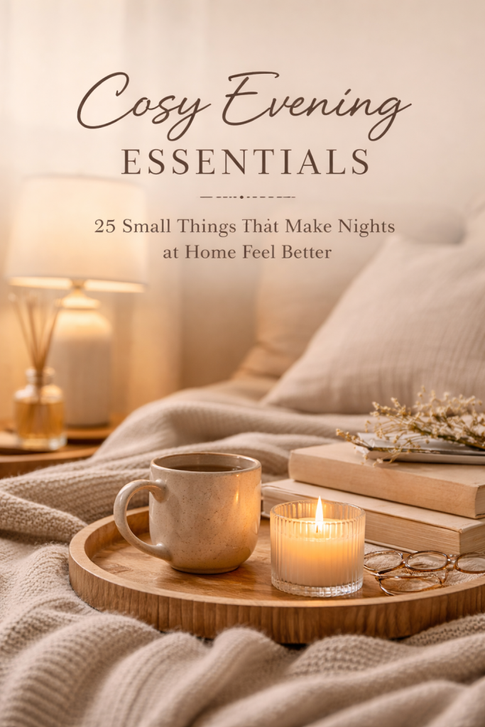 Cosy evening essentials with warm lamp, candle, mug, books and soft blanket for a calm night at home
