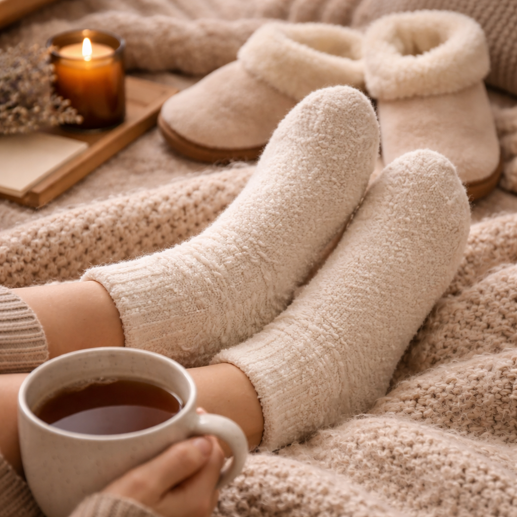 Cosy socks and soft slippers on blanket creating a warm and comfortable home setting