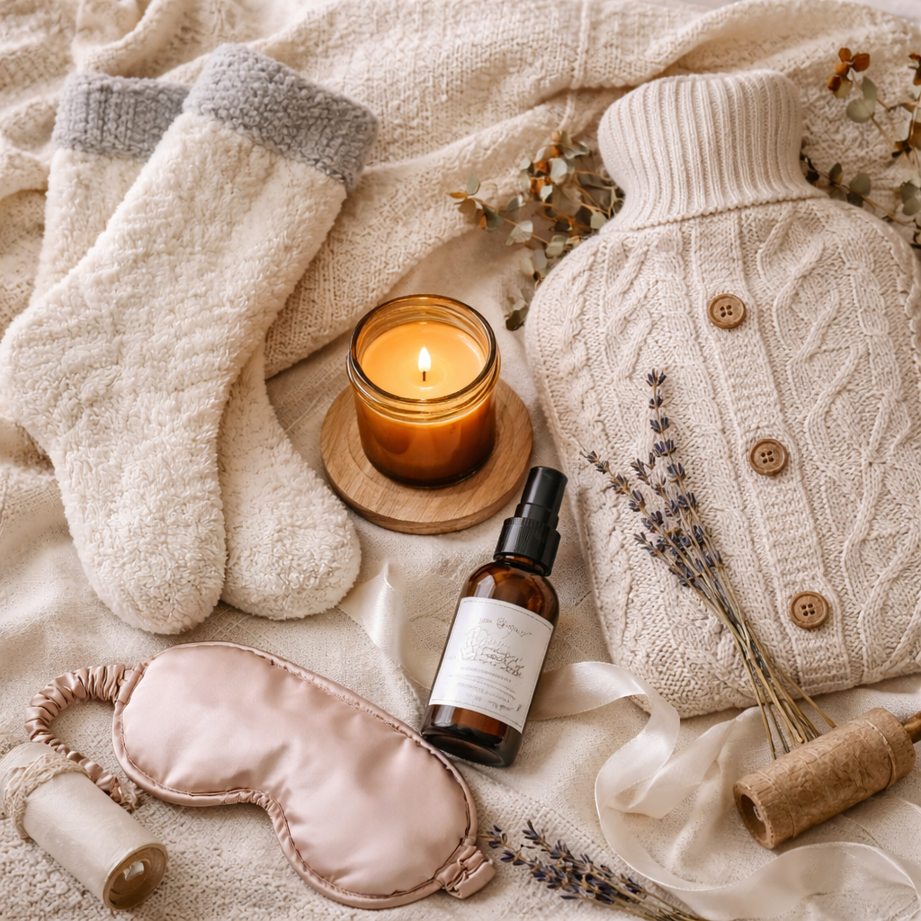 Cosy and comforting gift ideas including fluffy socks, a hot water bottle, sleep mask, pillow mist and candle