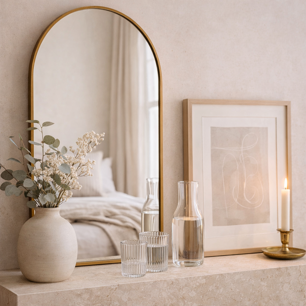 Quiet luxury decorative details with ceramic vase, candle holder and neutral styling on a shelf