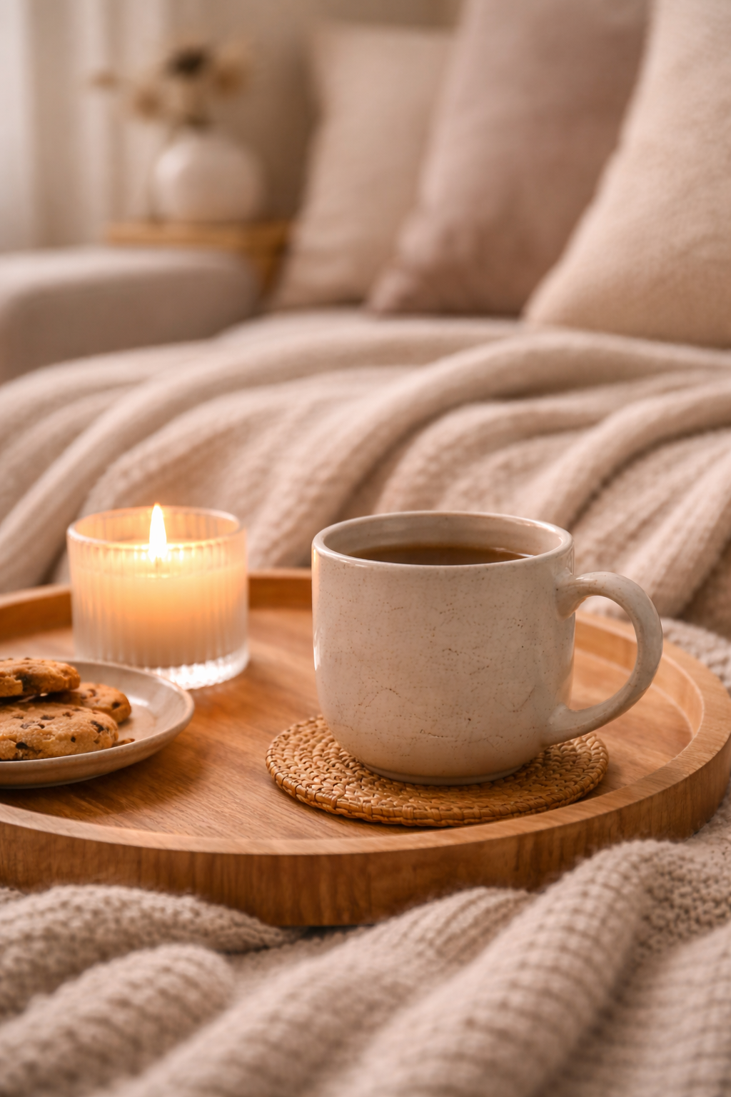 Ceramic mug on a wooden tray with candlelight and soft blanket for a cosy evening at home