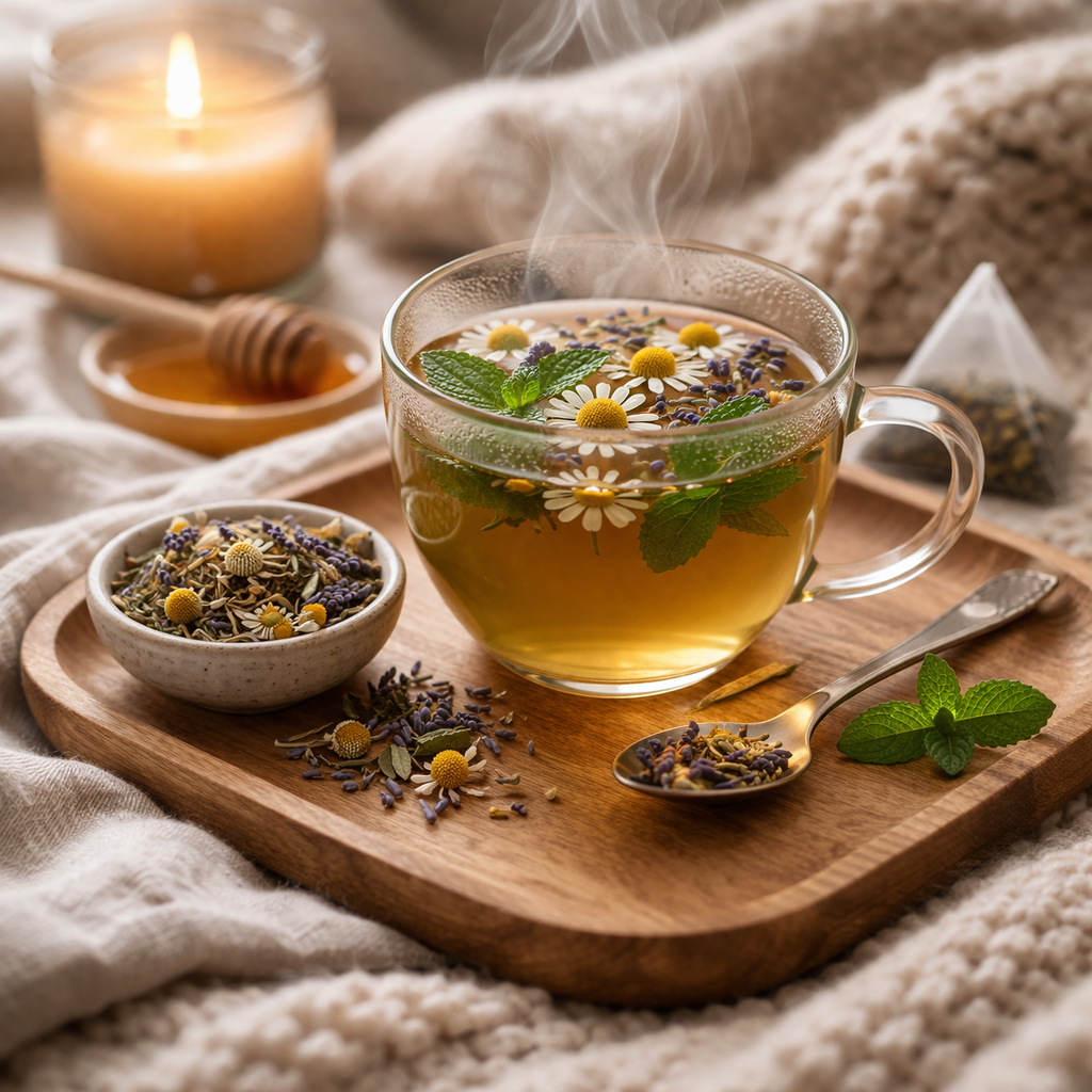 Herbal tea in ceramic mug with chamomile and lavender for a calming evening routine