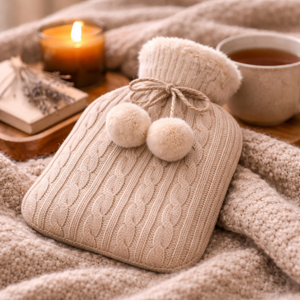 Hot water bottle with soft cover on cosy blanket creating a warm and relaxing setting