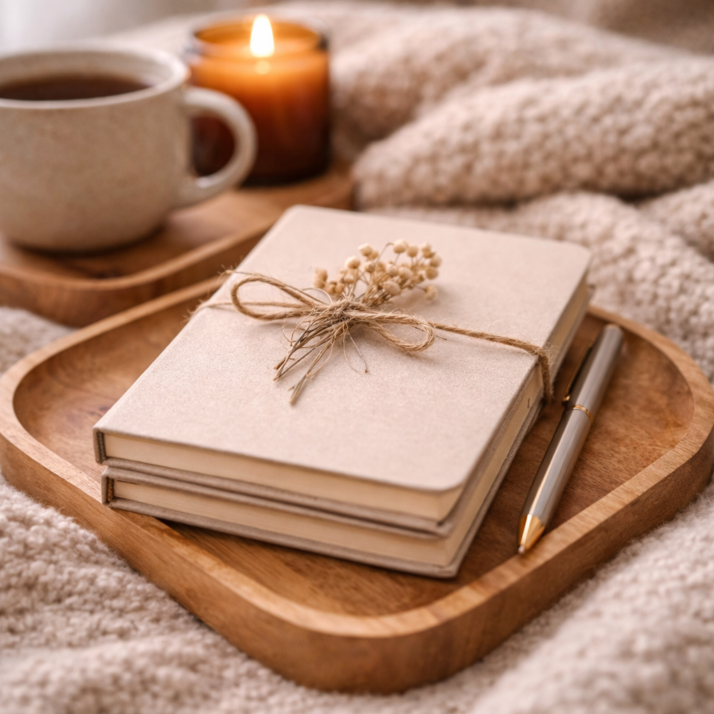 Journal and pen on cosy blanket for quiet morning or evening self care routine