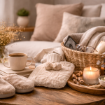 Midlife comfort essentials arranged on a wooden coffee table with a mug, candle, slippers, blankets, and cosy home accessories in a warm neutral living room.