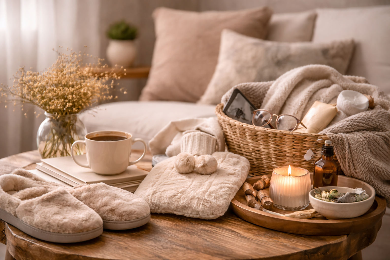 Midlife comfort essentials arranged on a wooden coffee table with a mug, candle, slippers, blankets, and cosy home accessories in a warm neutral living room.
