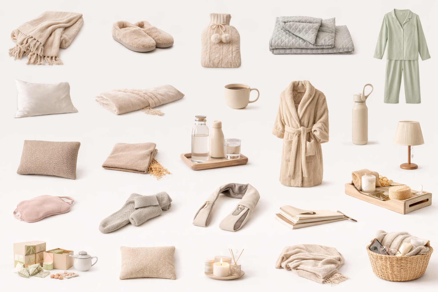 Collage of 25 individual midlife comfort items including slippers, blankets, pyjamas, cushions, mugs, candles, journals, and cosy home accessories on a neutral background.