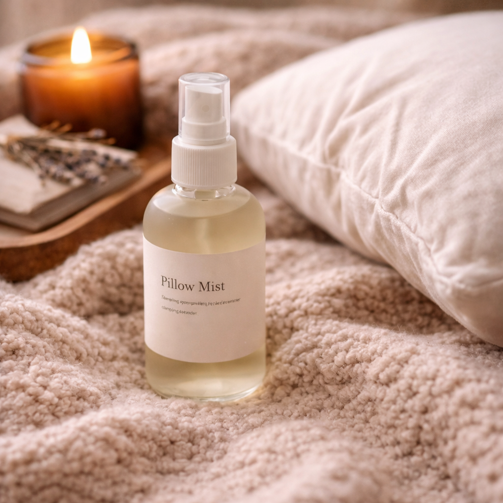 Pillow mist spray on bedside with candle creating a calm relaxing sleep environment