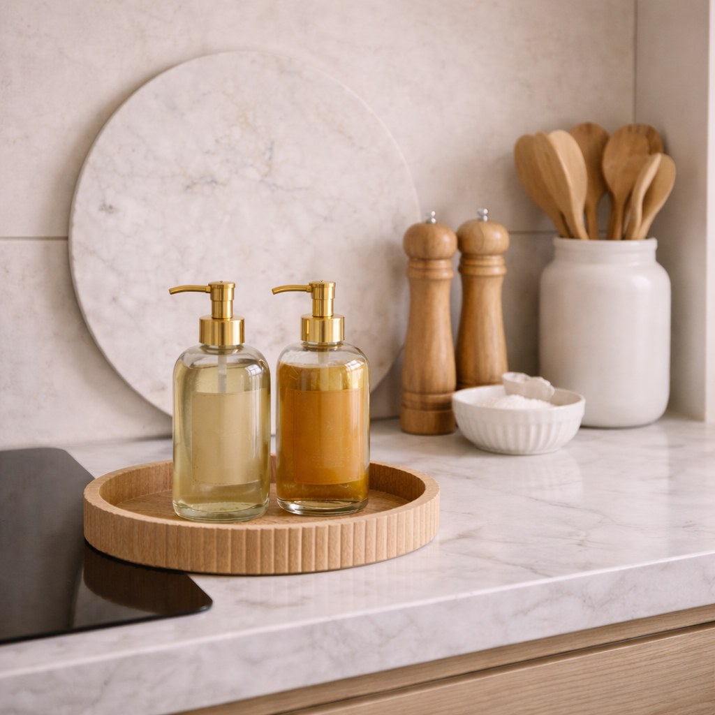 Quiet luxury kitchen styling with stone worktop, wooden tray, soap dispensers and neutral accessories
