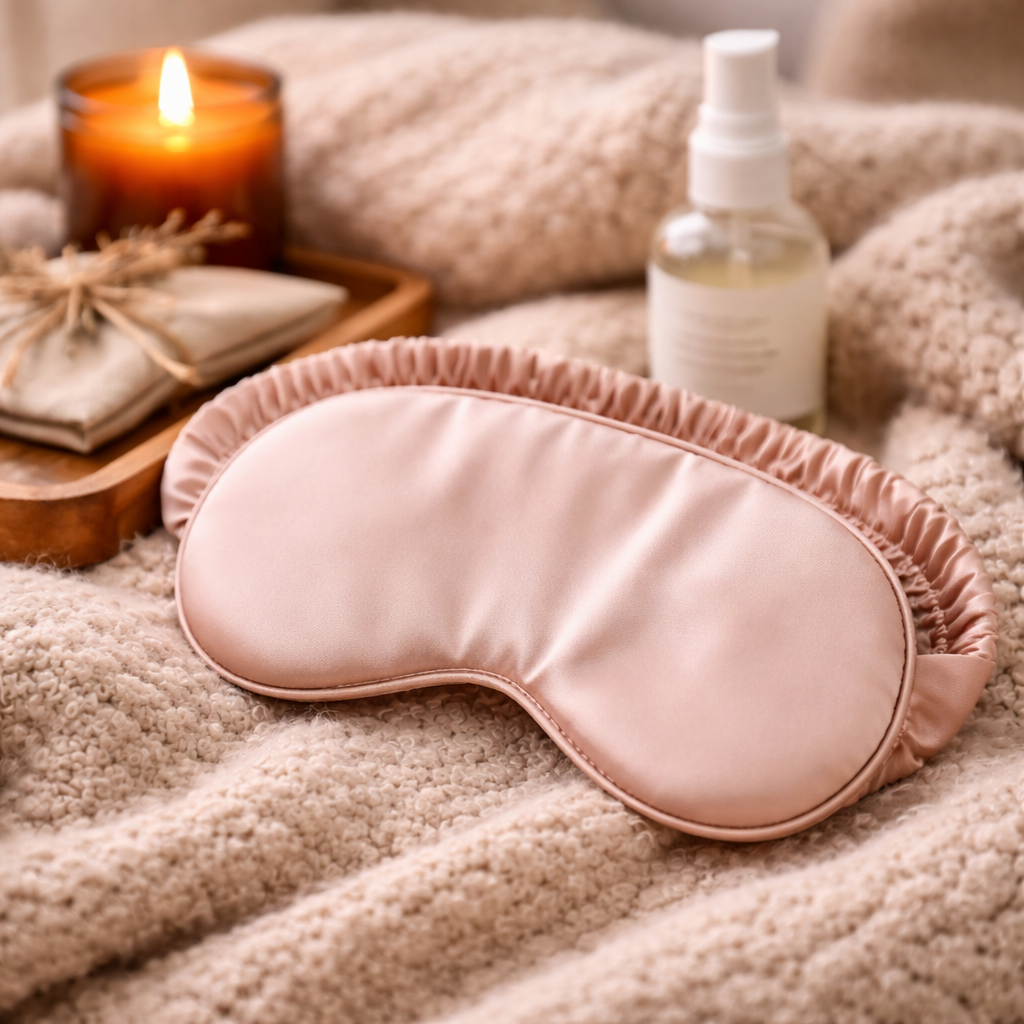 Silk satin eye mask on cosy blanket creating a relaxing sleep and self care setting