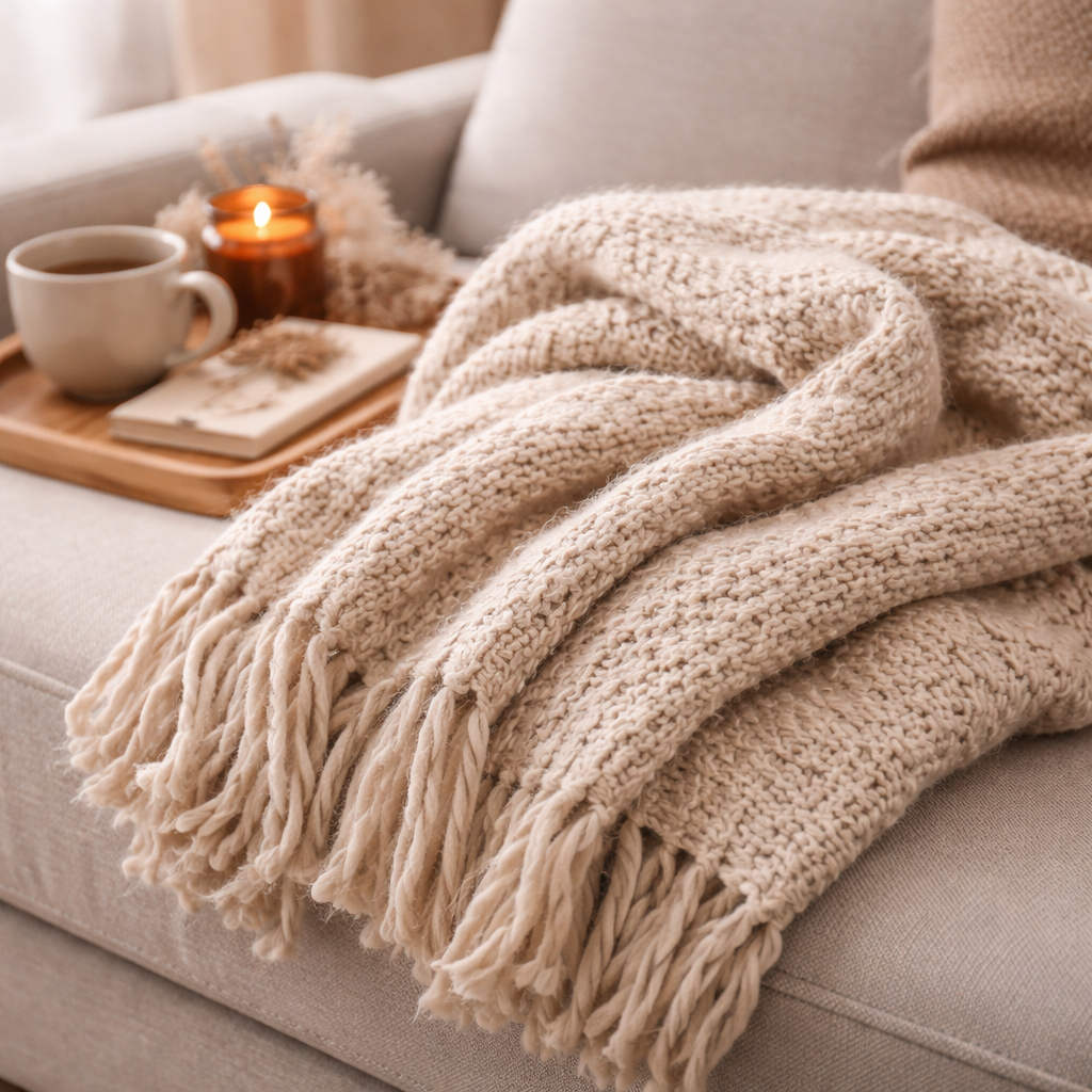 Soft cosy blanket draped over sofa with candle and tea creating a warm relaxing space