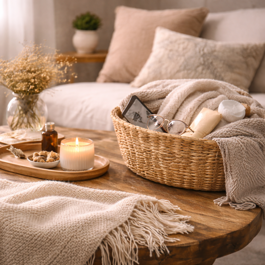 A calm neutral home scene with soft textures and comforting decorative touches.