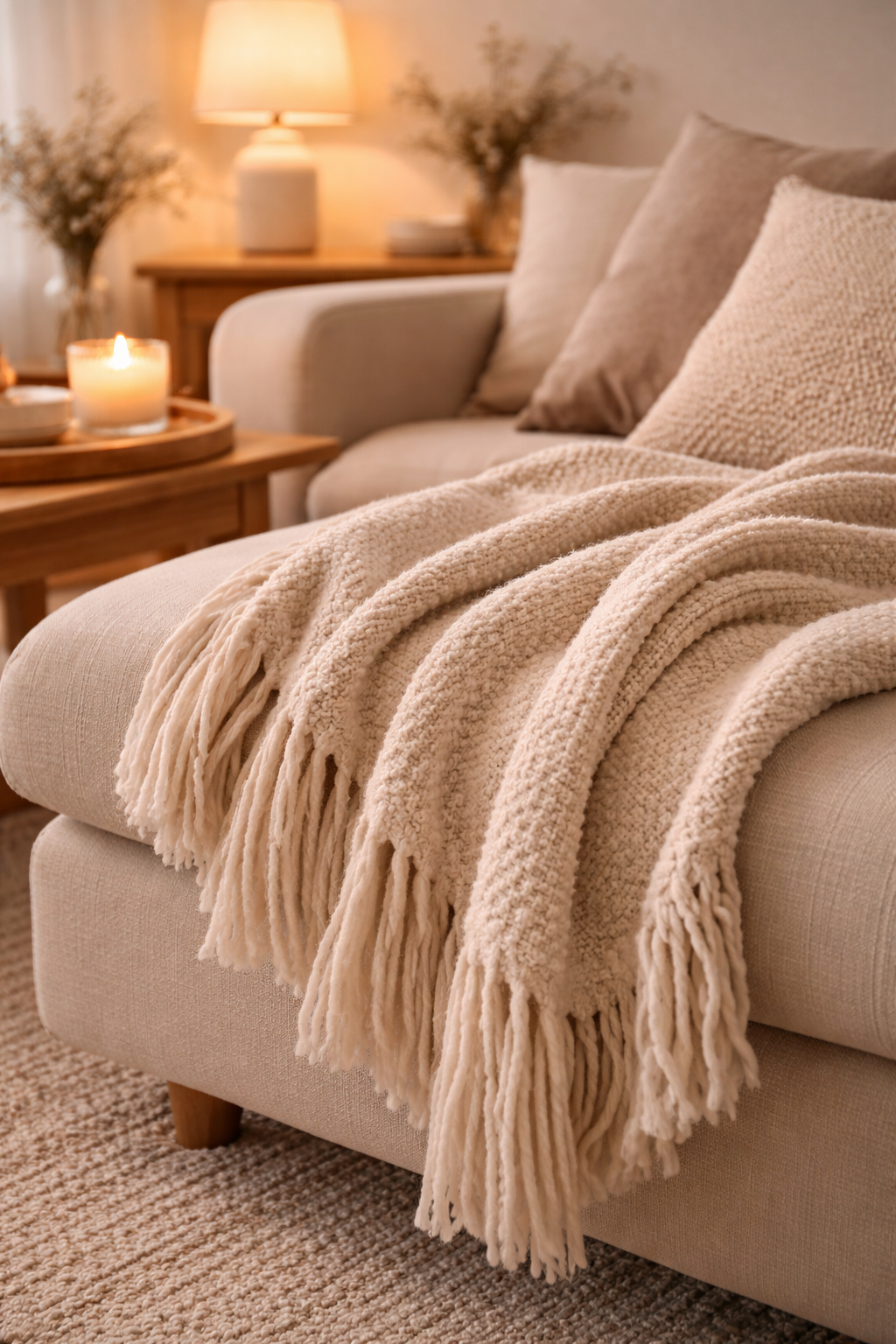 Soft throw blanket draped over a neutral sofa with candlelight and cosy living room styling
