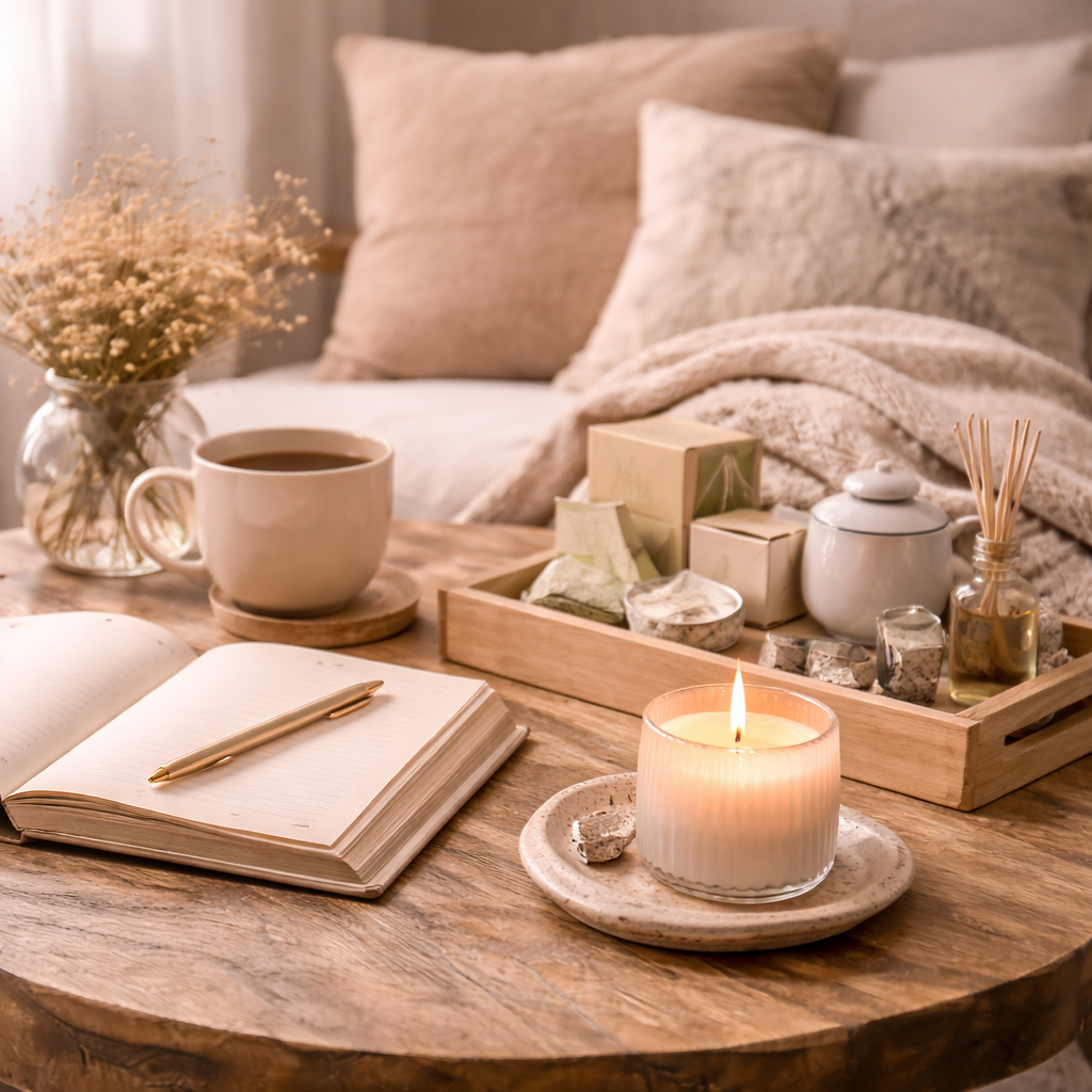 Cosy support and ease home setting with a mug, candle, journal, tea tray, and soft neutral decor on a wooden coffee table.
