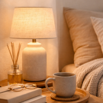 Warm table lamp on a bedside table with mug, books and soft neutral bedding
