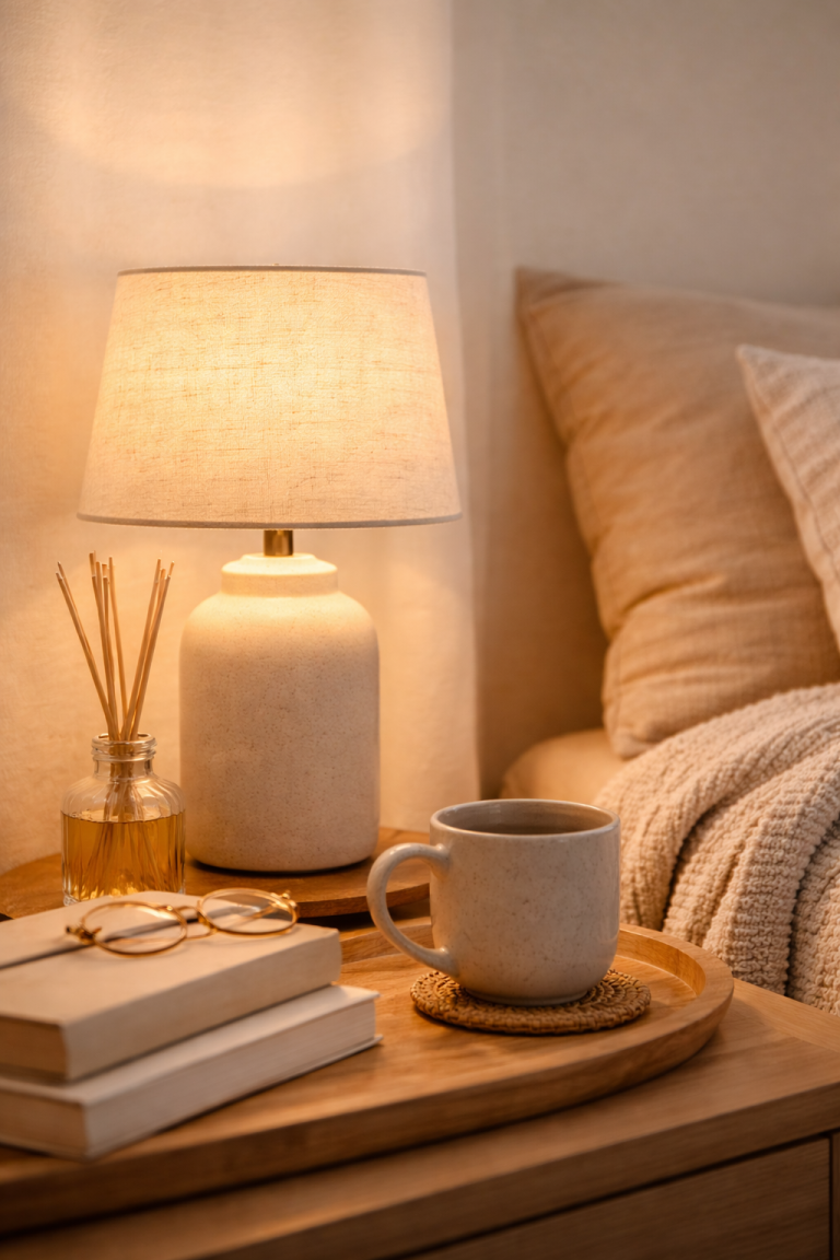 Warm table lamp on a bedside table with mug, books and soft neutral bedding