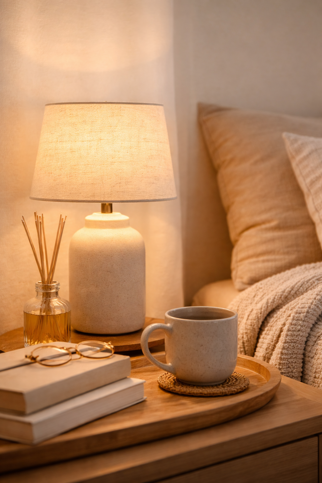 Warm table lamp on a bedside table with mug, books and soft neutral bedding
